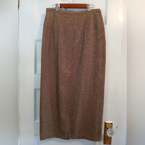 VTG 90s J. Crew Wool Tweed Herringbone Brown Skirt - m - Picture 9 of 9